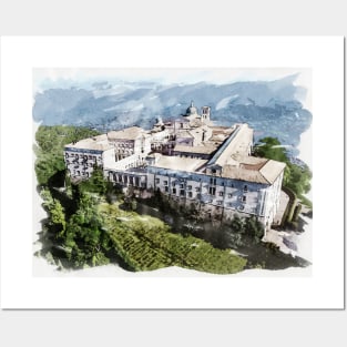 Historic Montecassino Abbey / Mountains of Italy Near Rome / Watercolour Painting Posters and Art